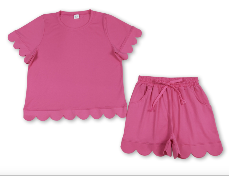 Hot Pink Cotton Short Sleeves Scallop Kids Girls Outfits