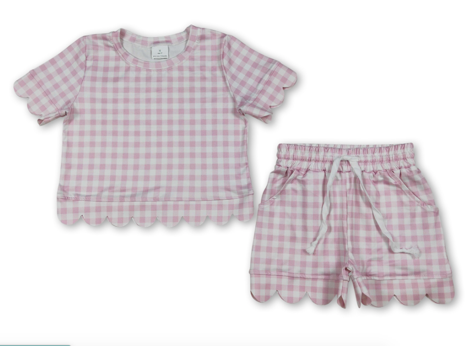 Lavender Plaid Short Sleeves Scallop Kids Girls Outfits
