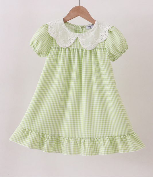 Green SCALLOPED COLLAR LACE GINGHAM RUFFLE DRESS