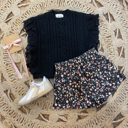 Black Floral Corduroy Shorts