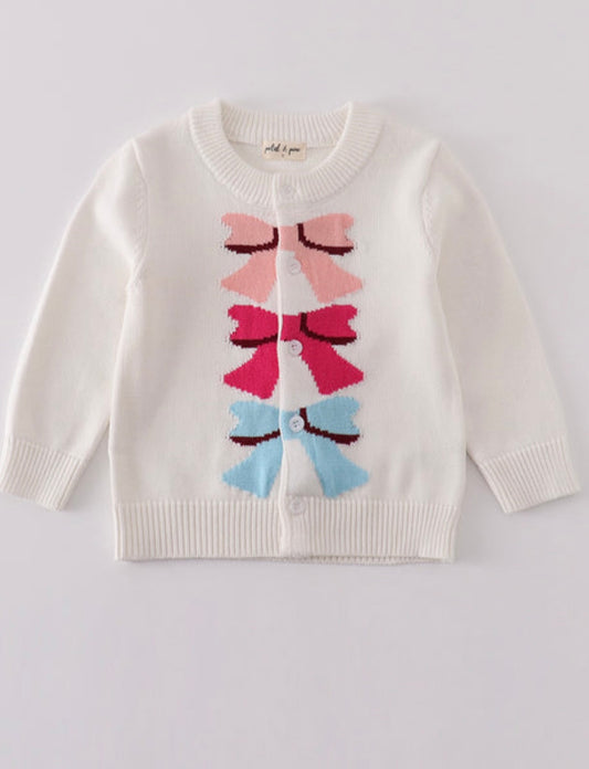 WHITE BOW TIE CARDIGAN SWEATER