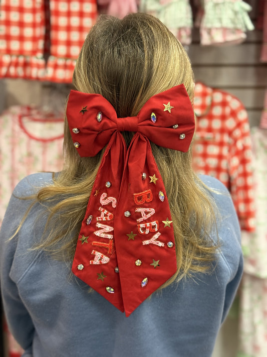 SANTA BABY JEWELED BOW BARRETTE HAIR CLIP IN RED