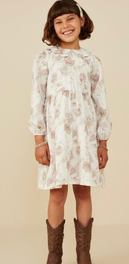 Girls Textured Antique Floral Scallop Collar Dress