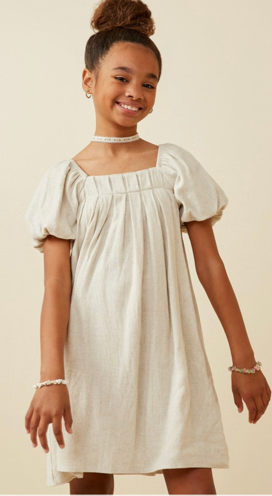 Girls Puff Sleeve Box Pleat Detail Square Neck Dress in Beige