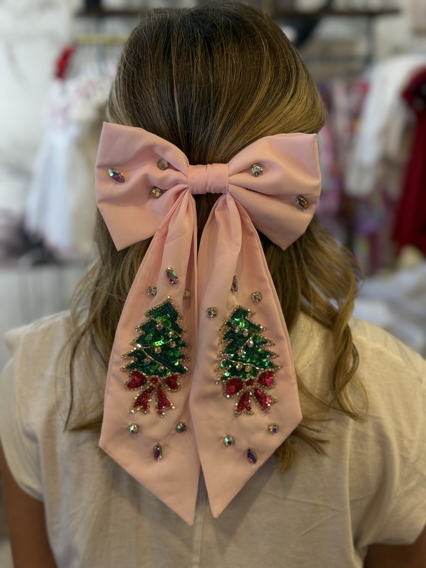 CHRISTMAS TREE JEWELED BOW BARRETTE HAIR CLIP IN PINK