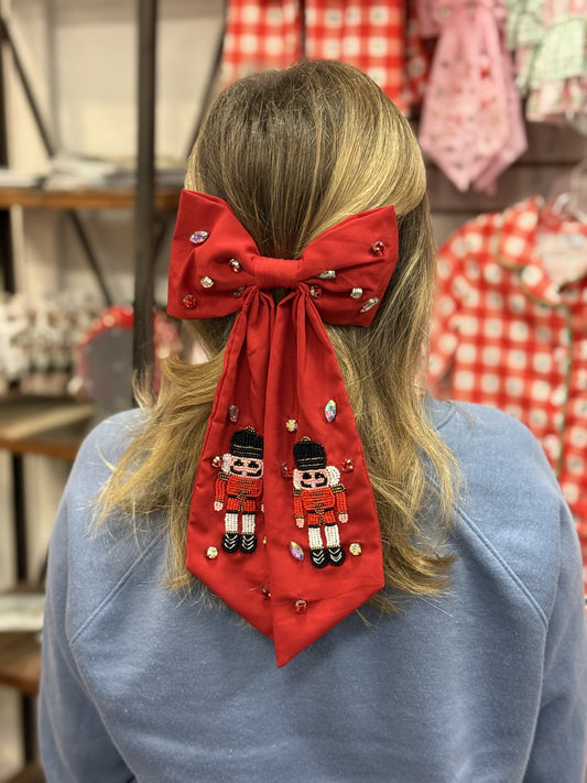 NUTCRACKER JEWELED BOW BARRETTE HAIR CLIP RED / BLACK HAT