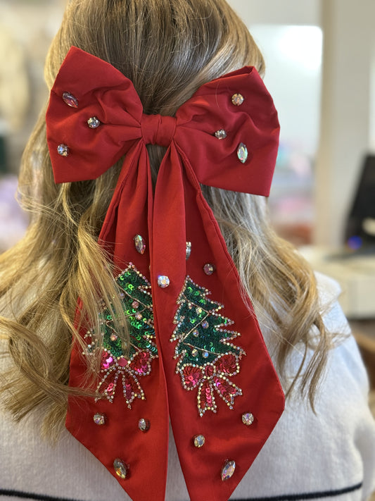 CHRISTMAS TREE JEWELED BOW BARRETTE HAIR CLIP Red with pink bow