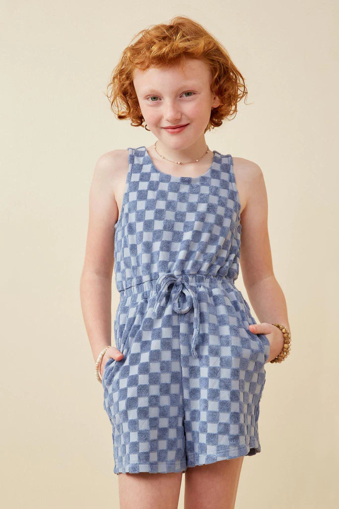 Girls Belted Blue Checkered Romper