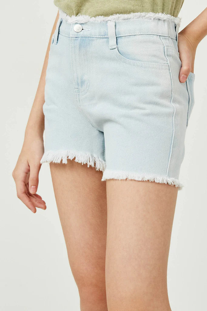 Girls Light Denim Distressed Frayed Denim Shorts