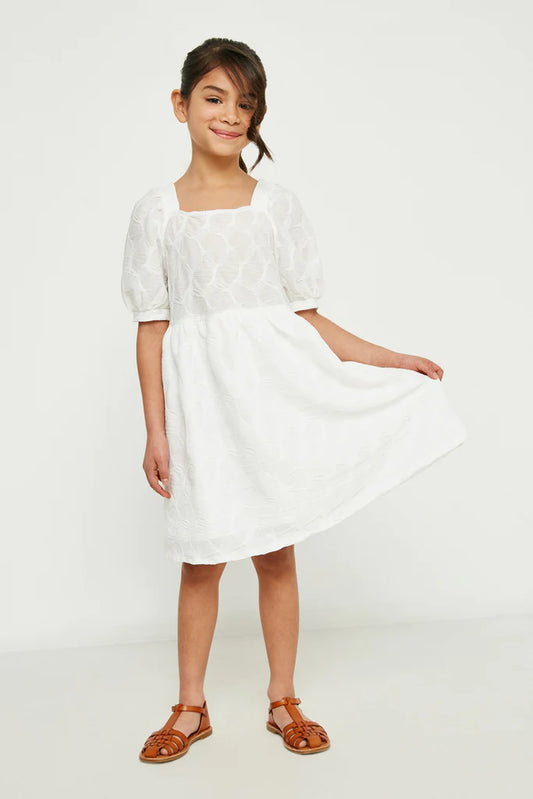Girls Textured Puff Sleeve Dress in White