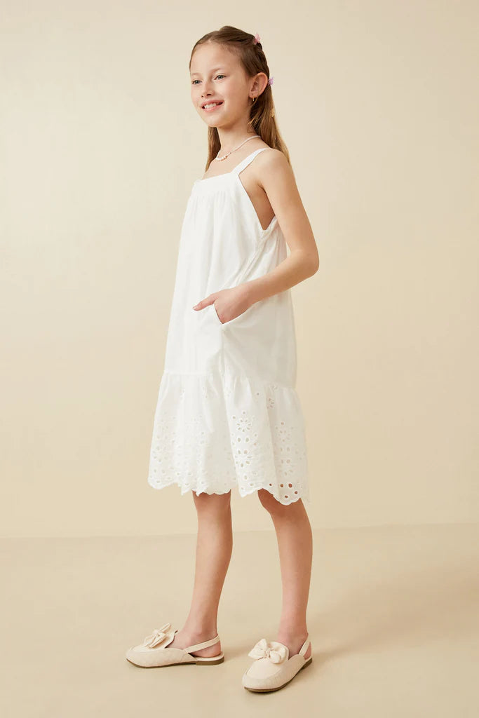 Girls Eyelet Embroidered Flutter Sleeve Scallop Hem Dress