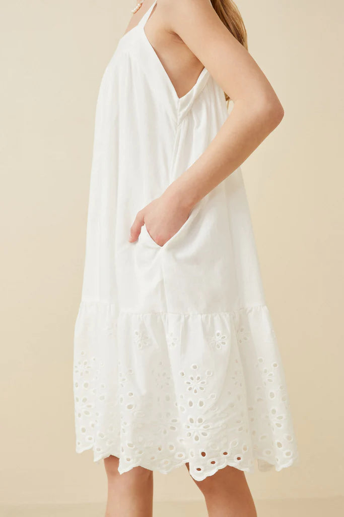 Girls Eyelet Embroidered Flutter Sleeve Scallop Hem Dress