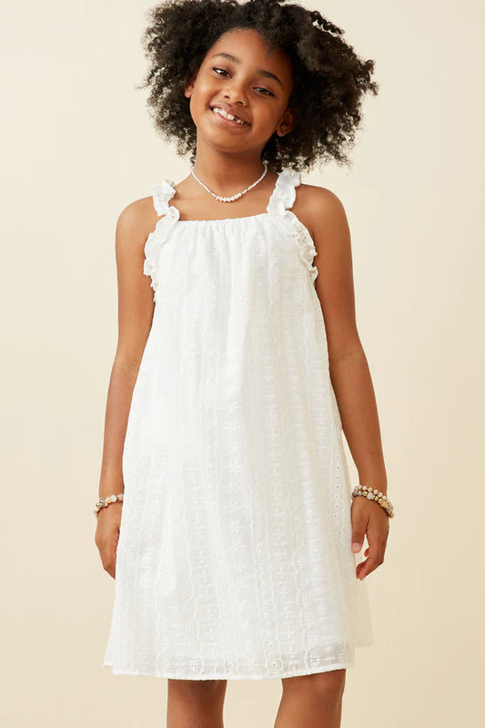 Girls Floral Embroidered Eyelet Ruffle Strap Dress