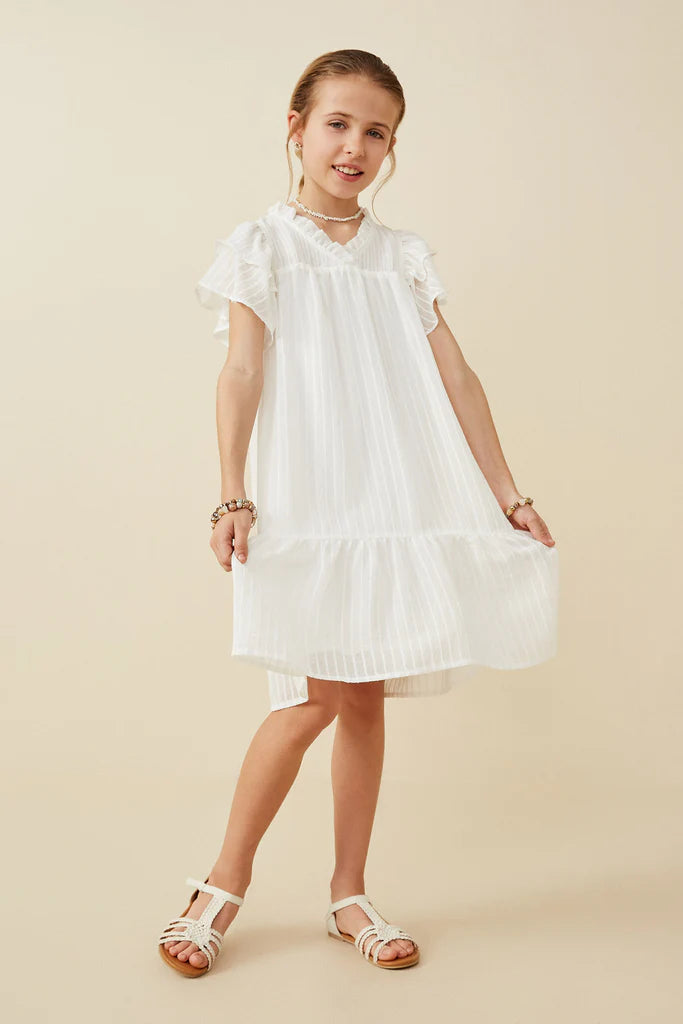 Texture Striped Ruffle Sleeve V Neck Dress