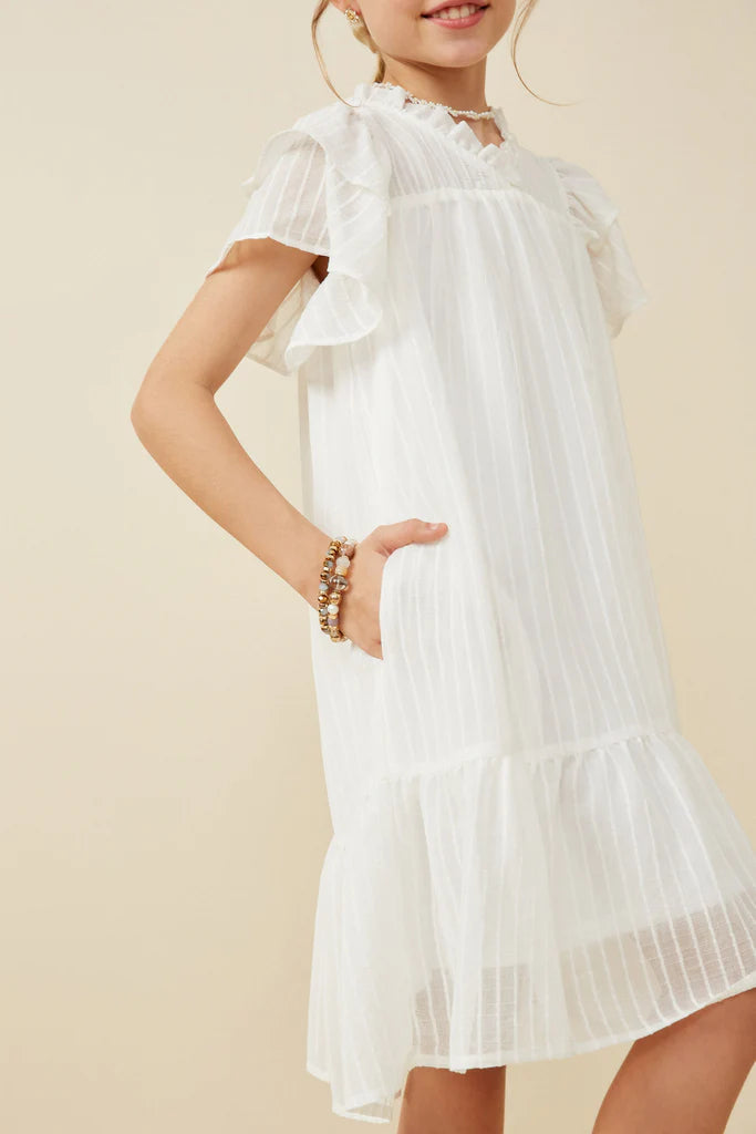 Texture Striped Ruffle Sleeve V Neck Dress