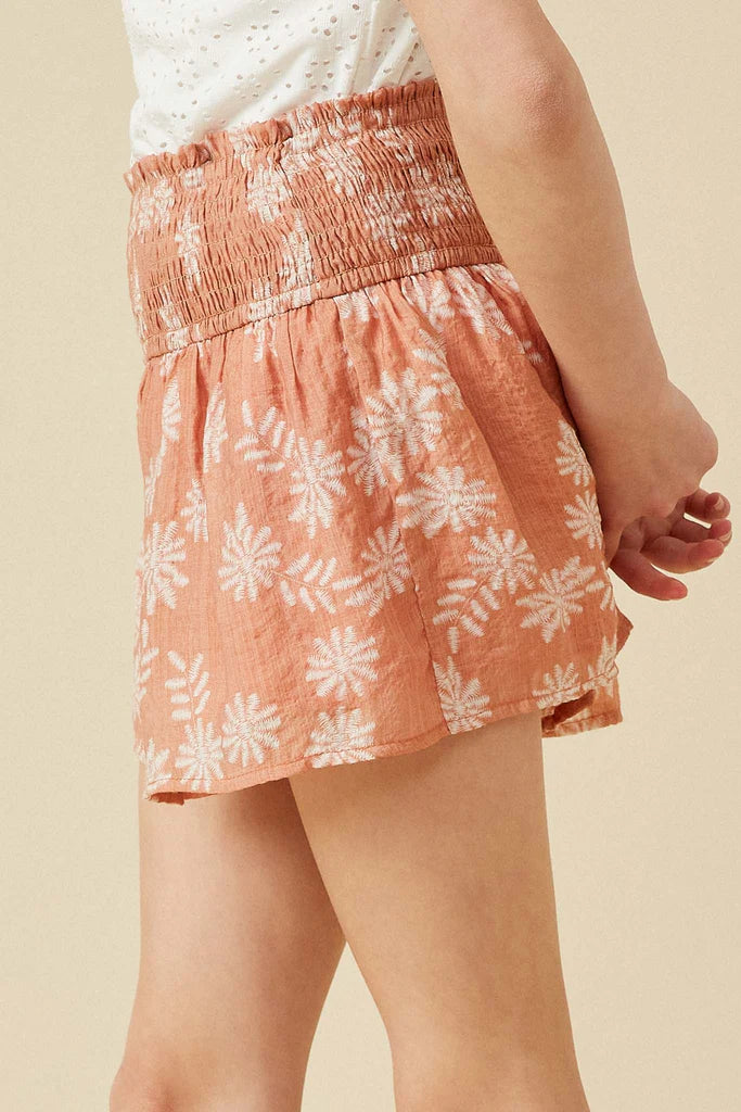 Girls Crinkled Botanical Print Smocked Shorts