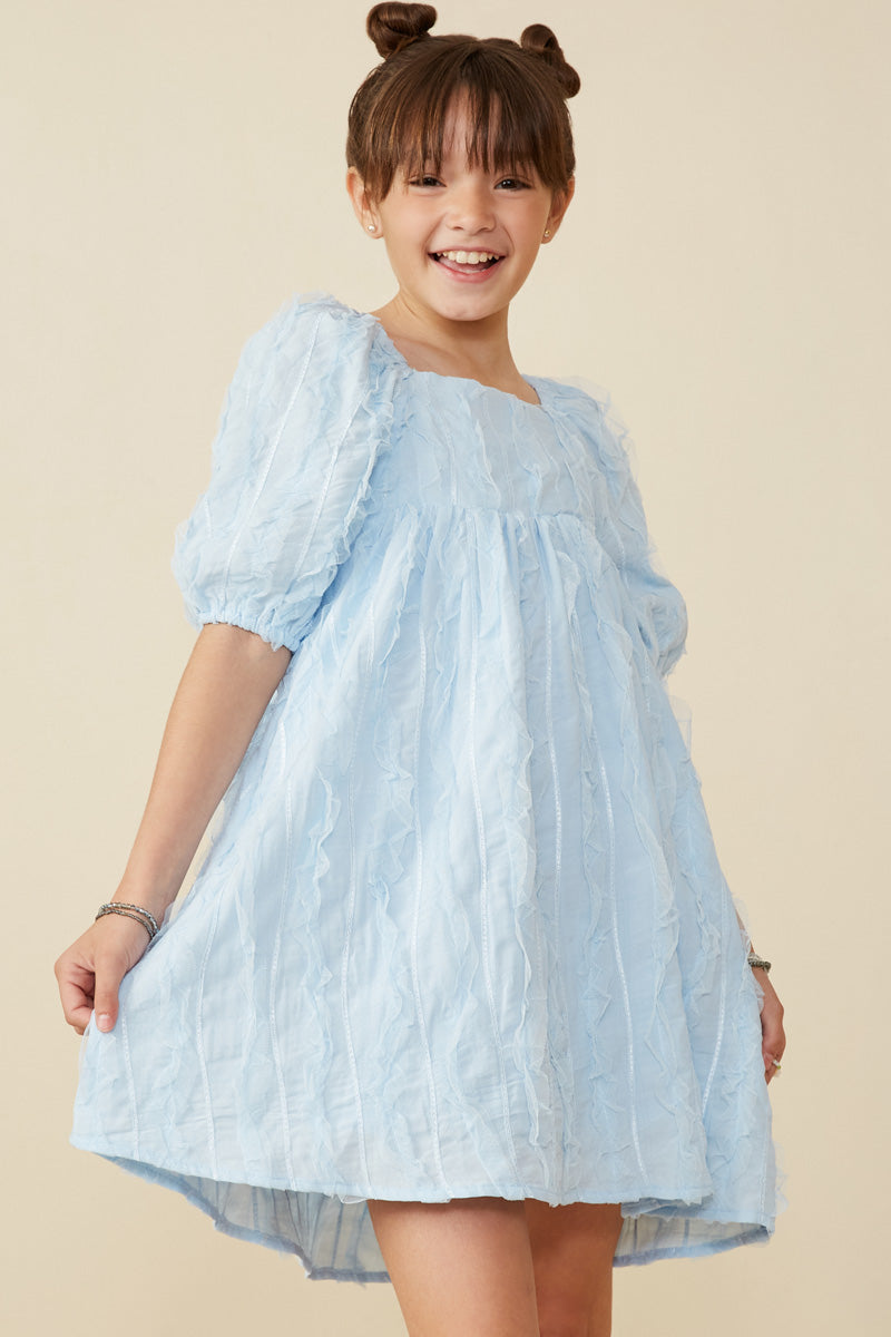 Ruffled Mesh Square Neck Dress in Blue