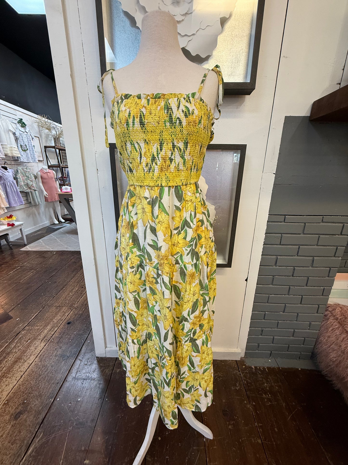Floral Smocked Tie Tiered Midi Dress in Yellow