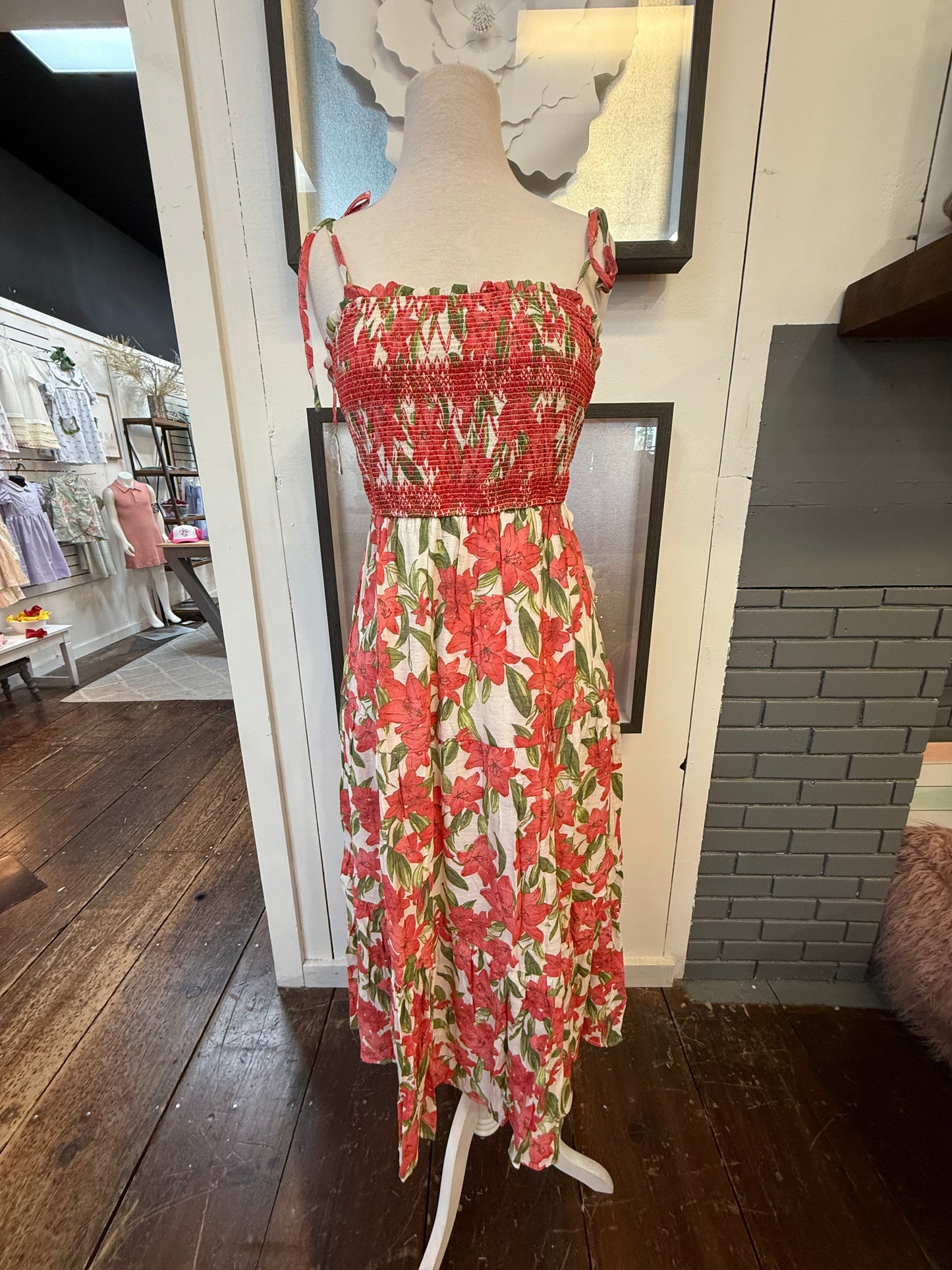 Floral Smocked Tie Tiered Midi Dress in Red