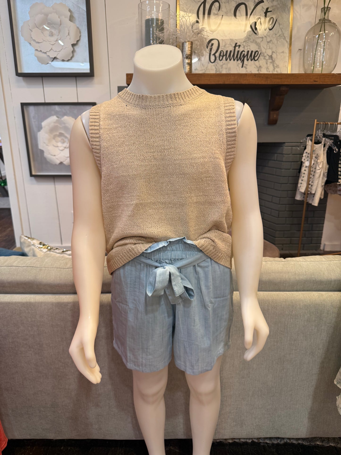 Crew Neck Sleeveless Knit Pullover Sweater in Light Taupe