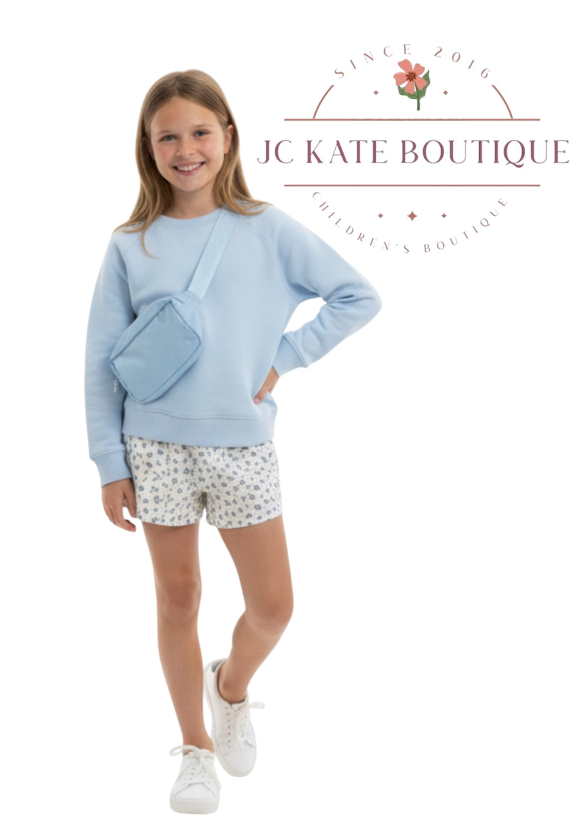 Girls Pullover, Woven Short, Fanny Bag Set in blue floral