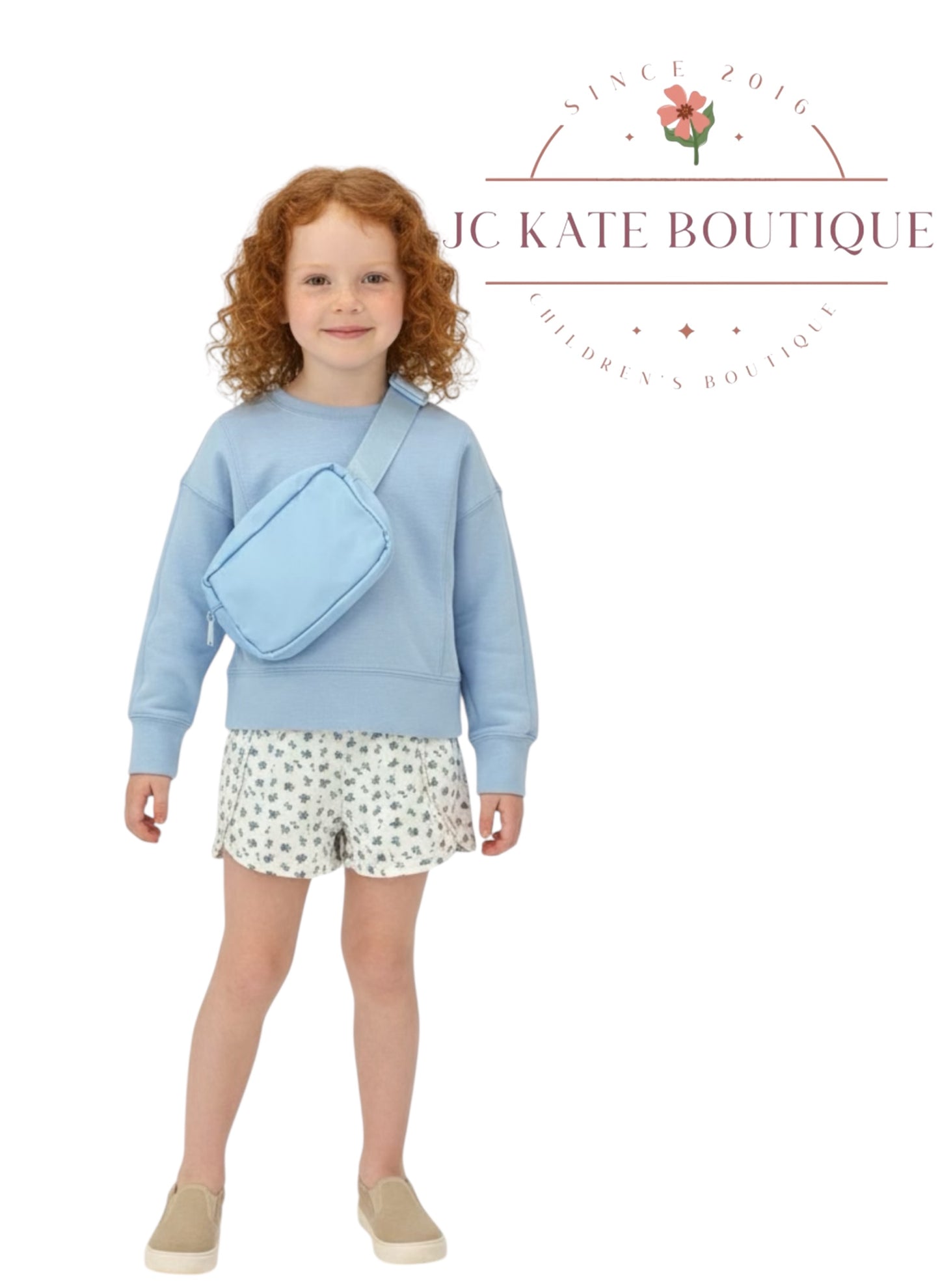 Girls Pullover, Woven Short, Fanny Bag Set in blue floral