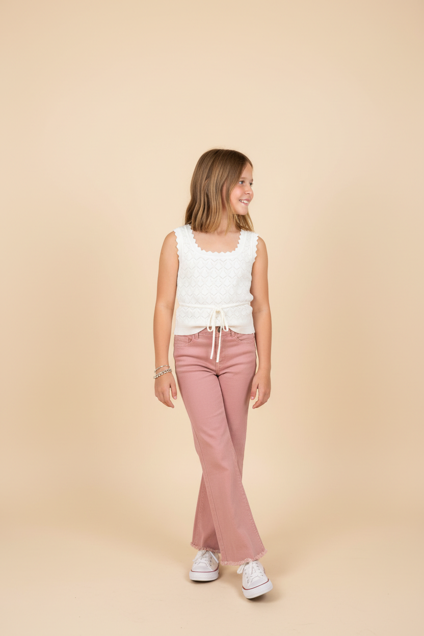 Geo Knit Pattern Scalloped Waist Tie Strap Tank in Ivory