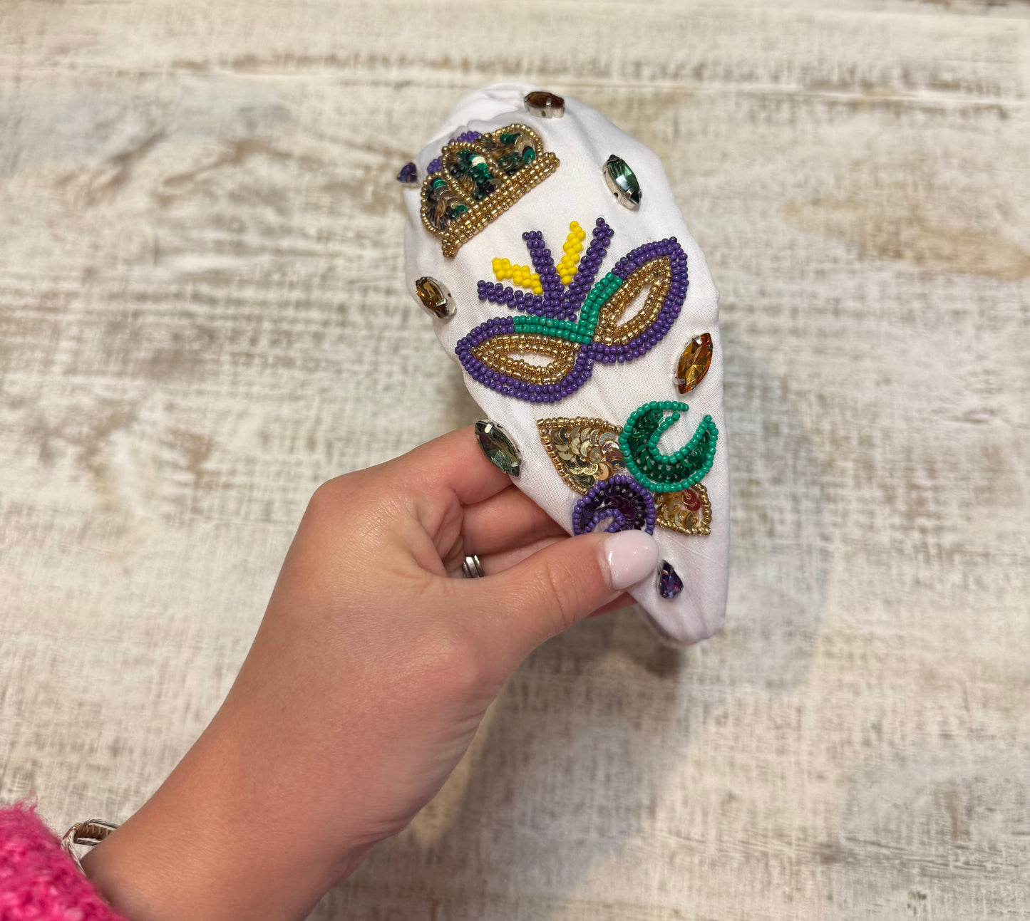 MARDI GRAS TRICOLOR SEQUIN BEADED KNOTTED HEADBAND