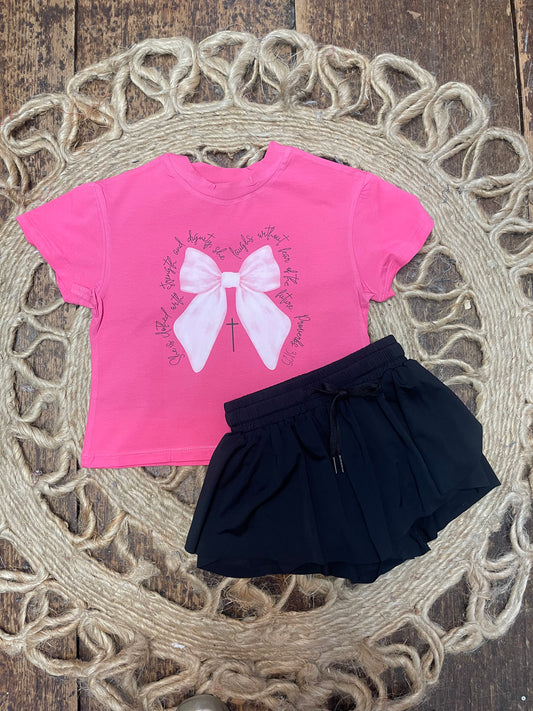 Pink Bow Detail Boxy Tee with saying