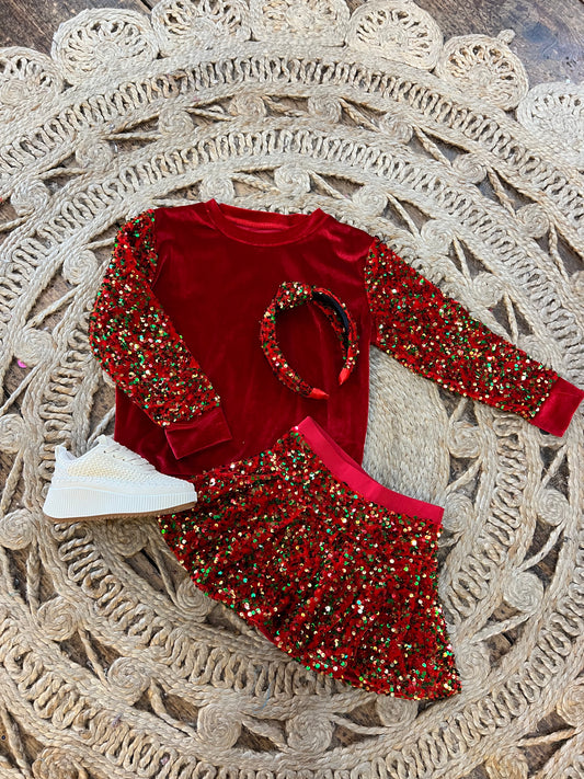 Sequin Sleeve Christmas on red Velour Sweatshirt