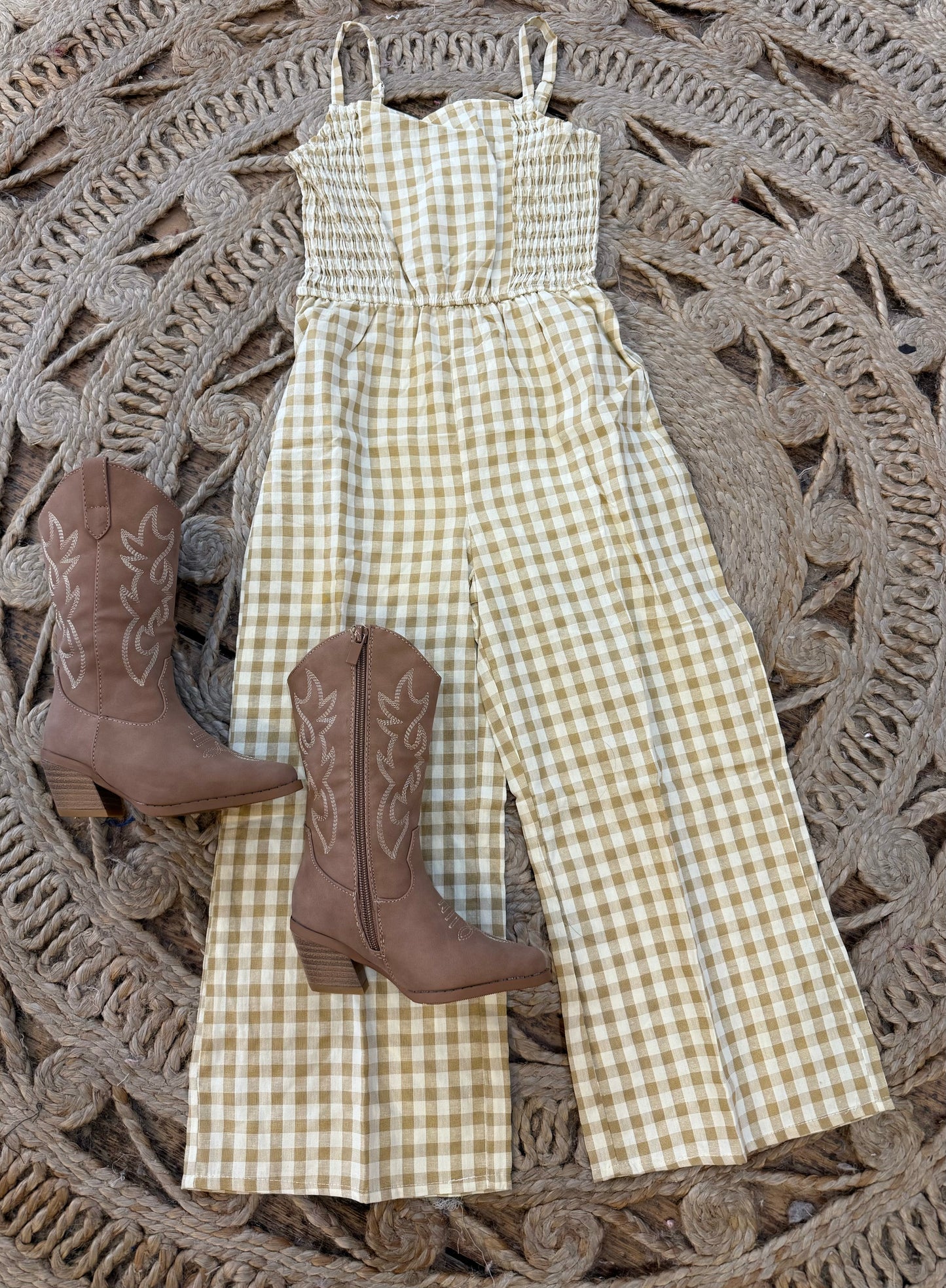 Girls Side Smock Detailed Gingham Jumpsuit