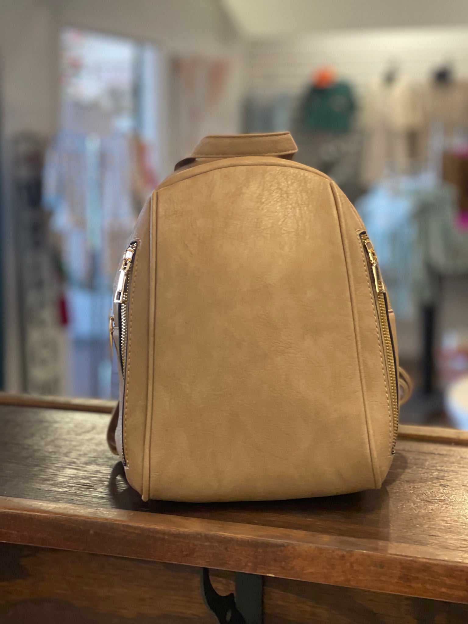 Taupe side zip backpack