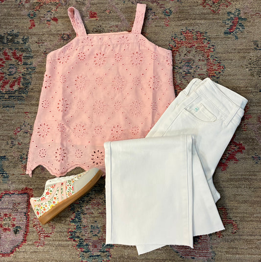 Girls Floral Eyelet Scalloped Hem Tank