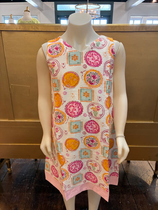 Girls Vintage Block Print Contrast Hem Sleeveless Dress