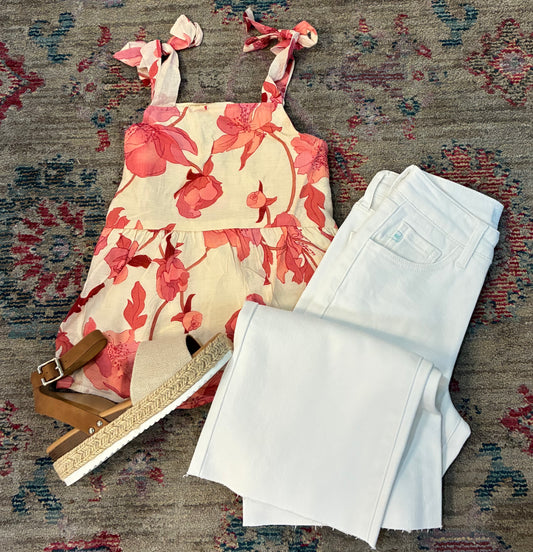 Girls Textured Floral Tie Shoulder Hankerchief Top