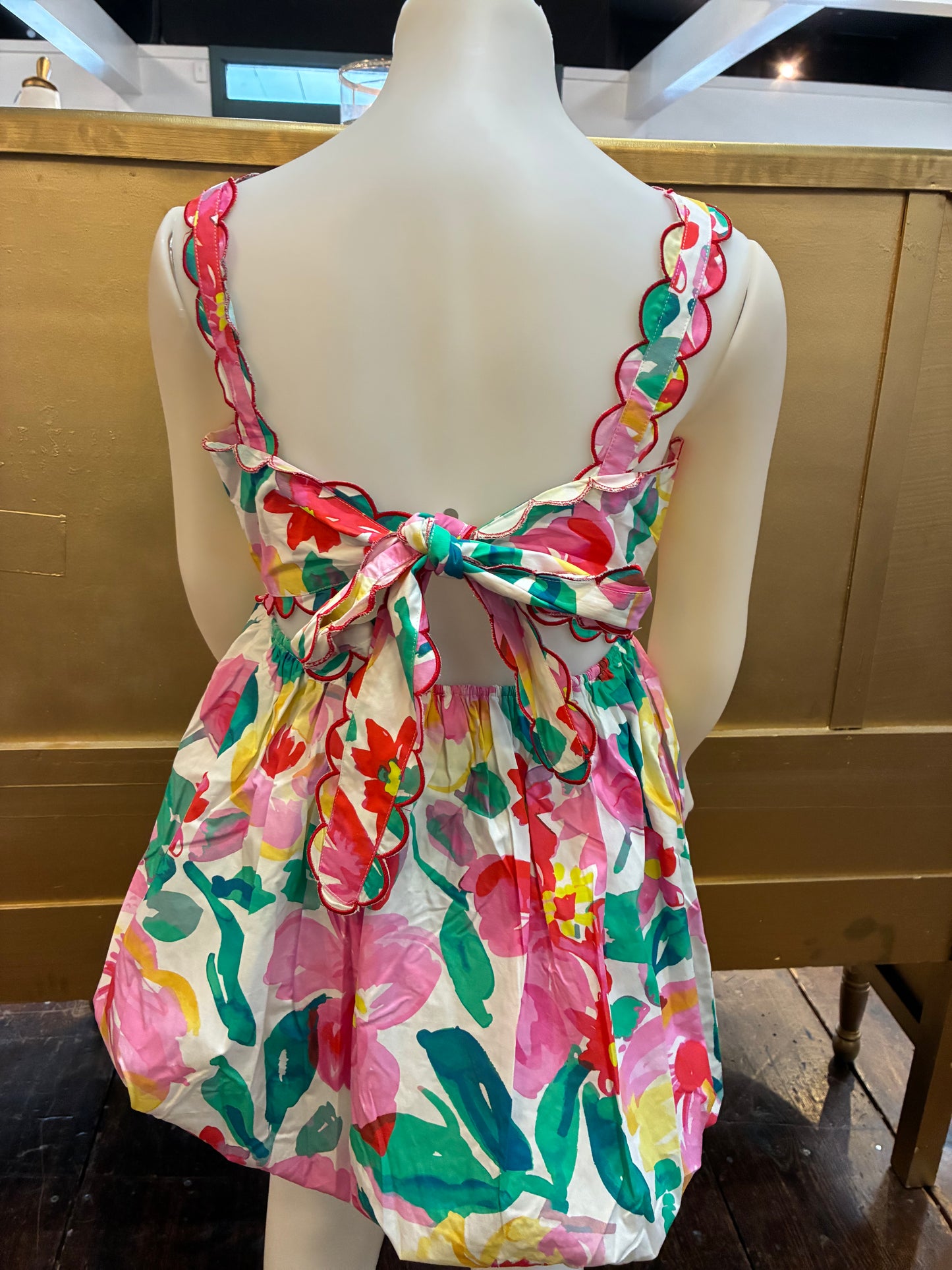 Scallop Embroidery Cotton Poplin Sleeveless Bubble Hem Mini Dress