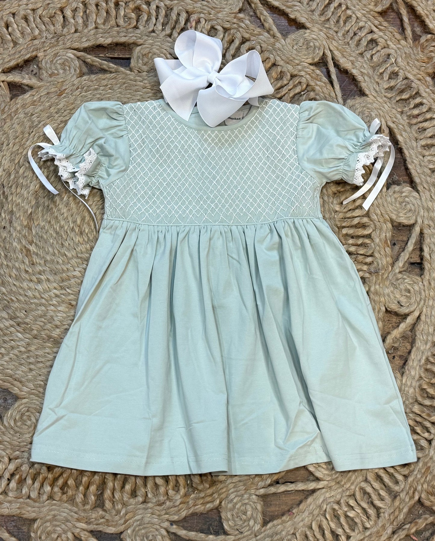 SAGE HAND-SMOCKED LACE GIRL DRESS
