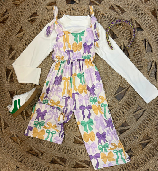 Purple gold green bow girls Mardi Gras jumpsuit