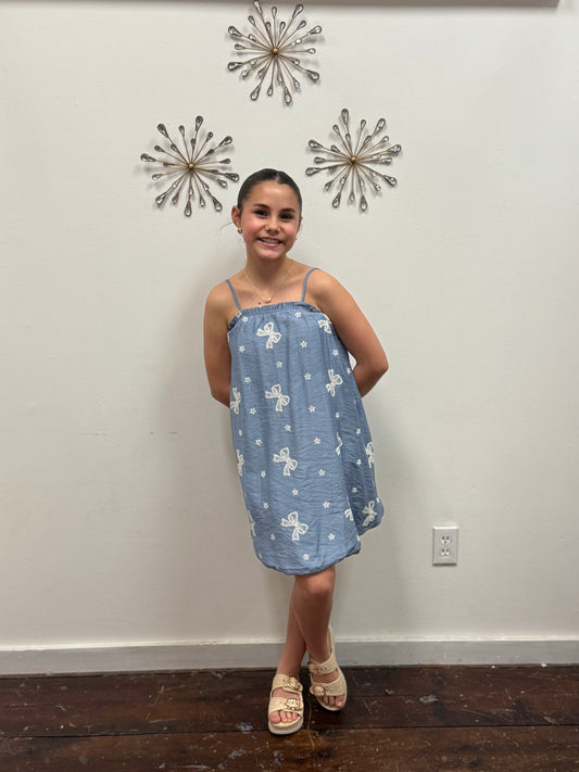 Girls Crochet Bow Embroidered Balloon Hem Dress