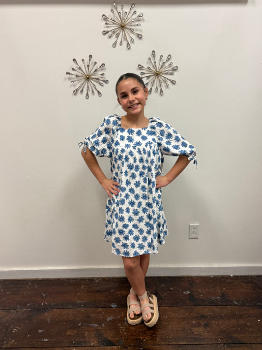 Girls Tie Sleeve Floral Print Square Neck Dress