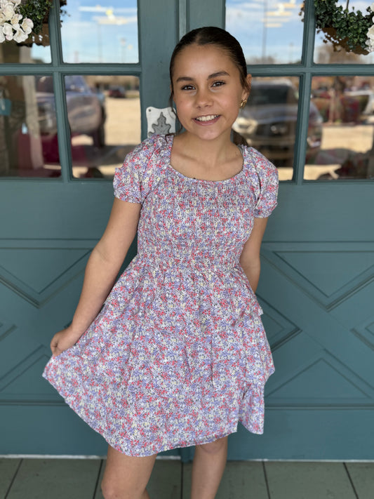 Ditsy Floral Ruffle Smocked Puff Sleeve Dress in Lavender Floral