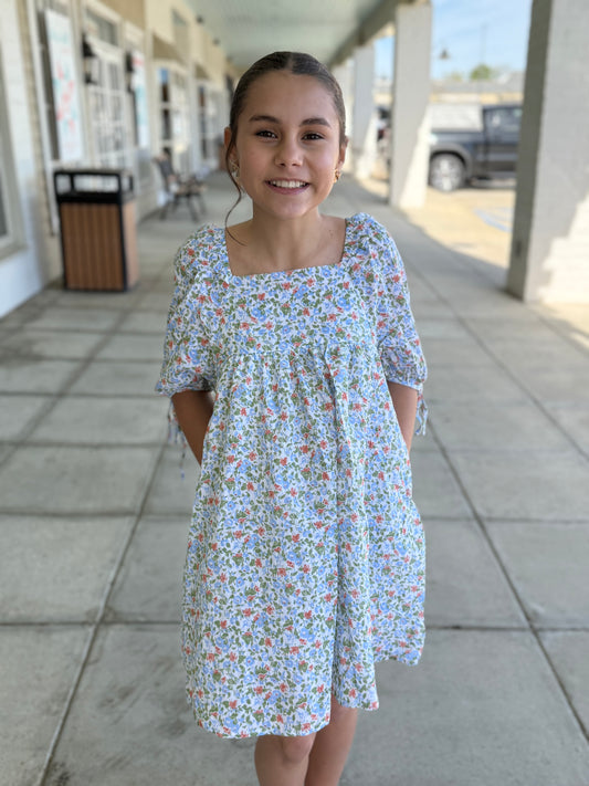 Girls Tie Sleeve Square Neck Floral Tunic Dress in Blue