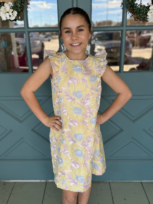 Girls Floral Jacquard Ruffled Shoulder Dress in light yellow