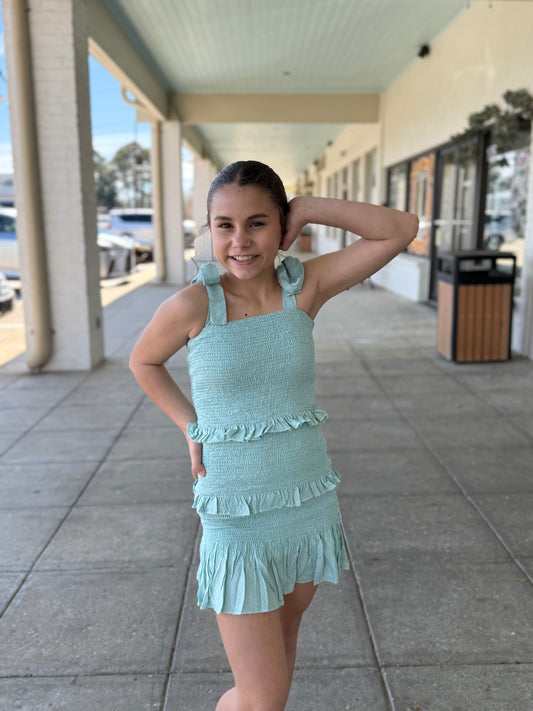 Smocked Green Dress with Tie Detail