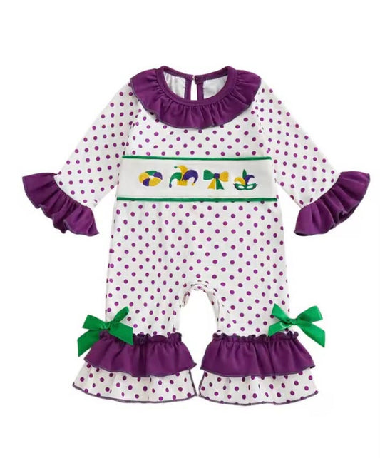 Polka Dot Embroidered Purple Ruffle Detail Romper