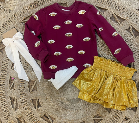 CREWNECK SWEATSHIRT W-GLITTER FOOTBALL APPLIQUE in burgundy