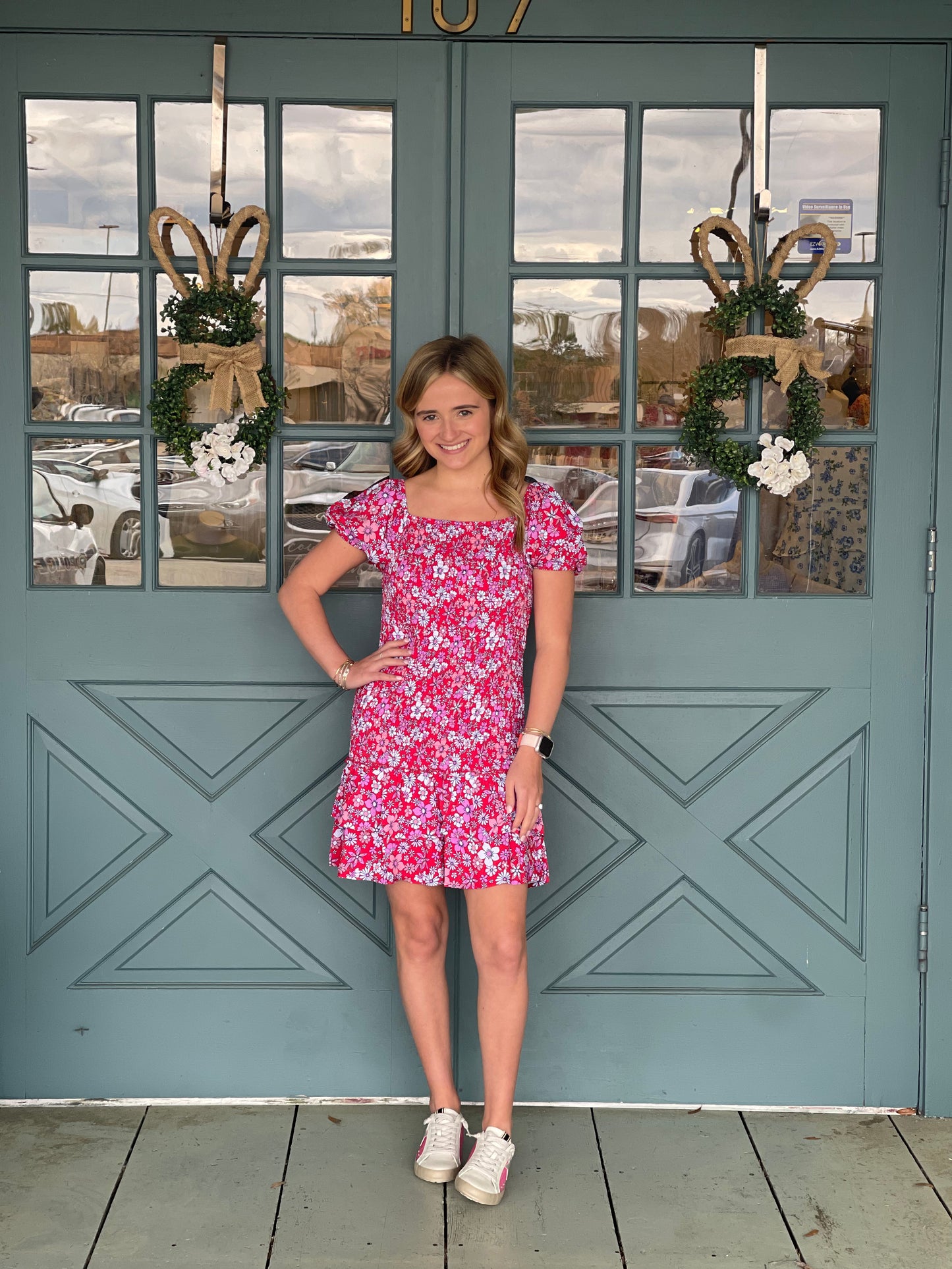 Girl's Red Floral Print Smocked Dress