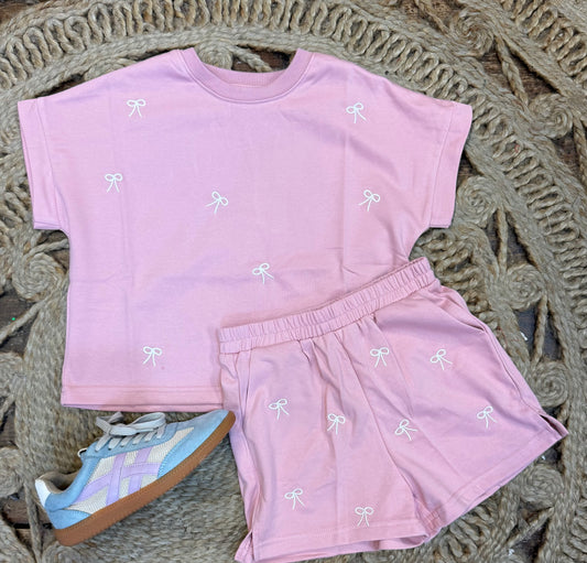 Girls Bow Embroidered French Terry Boxer Shorts in Mauve