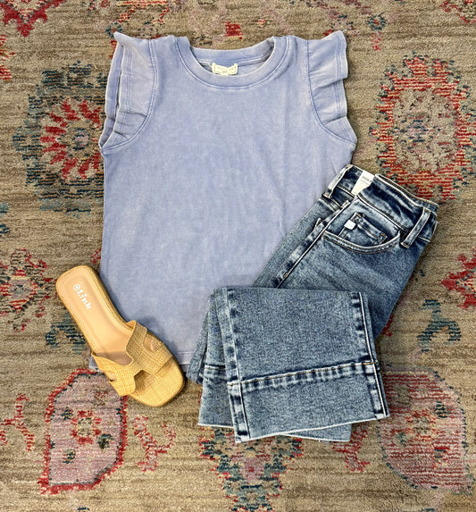 Girls Washed Ribbed Flutter Sleeve Knit Tank