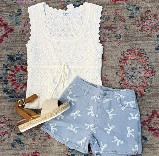 Girls Bow Printed Distressed Denim Shorts